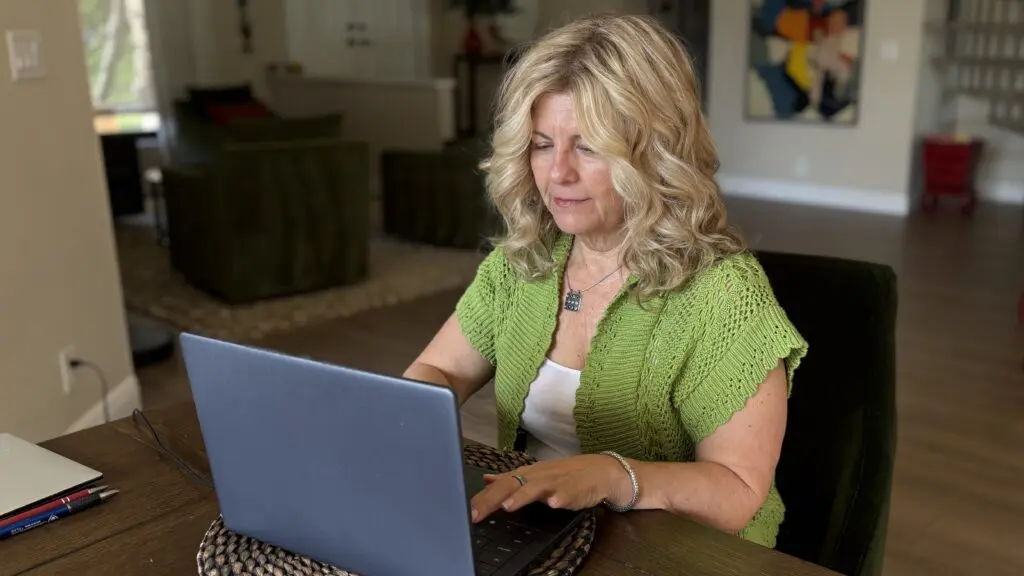 Jessica Lerner works from her computer at home.