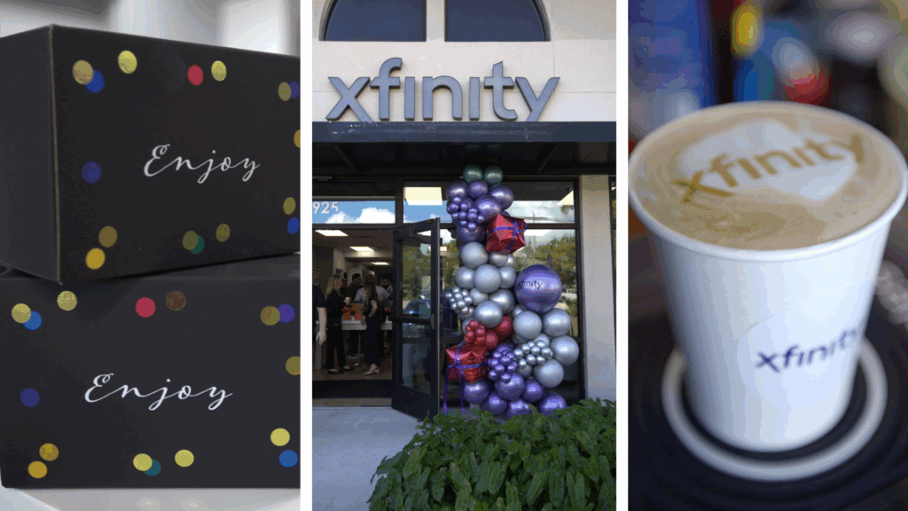 Comcast Xfinity store in Delray Beach featuring festive gift boxes, balloon decorations at the entrance, and branded coffee cup during grand opening event.
