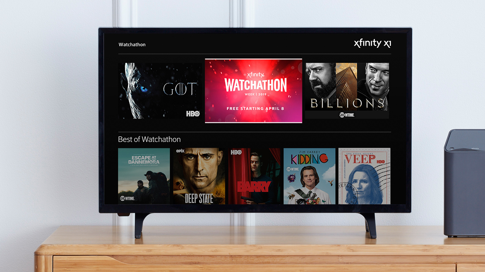 The Watchathon hub on Xfinity X1 displayed on a TV.