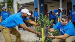 Comcast Cares Day volunteers carry plant seedlings in pots.