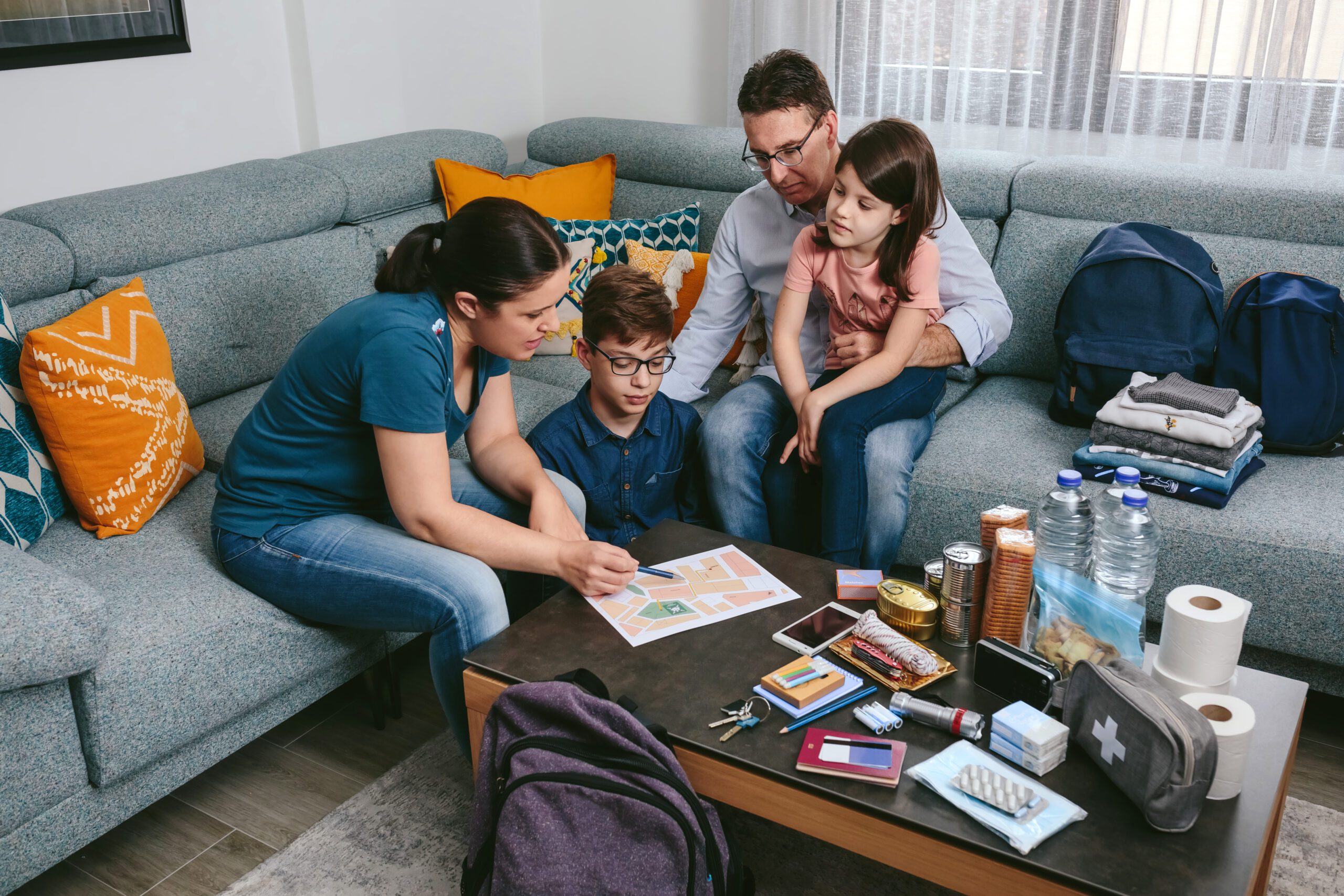 Family preparing for storms and severe weather.