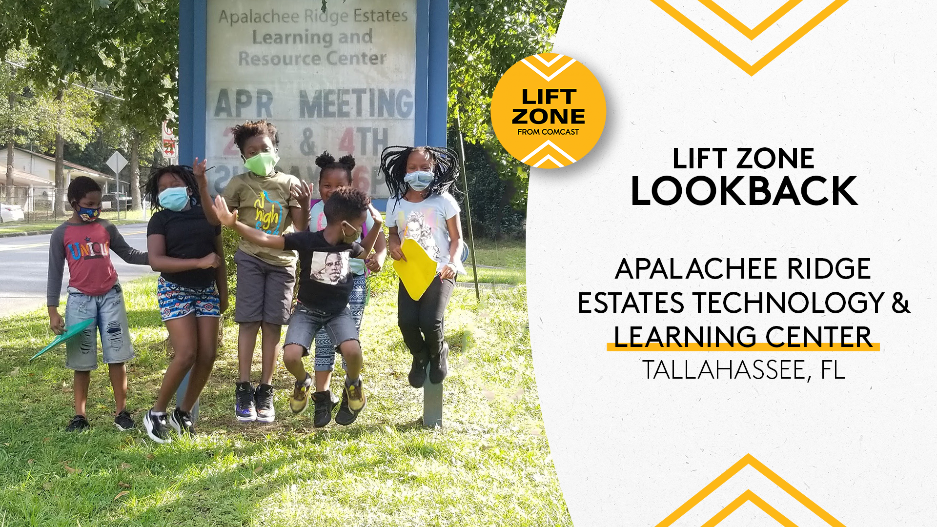 Six young students jumping into the air in front of a sign for Apalachee Ridge Estates Technology and Learning Center.