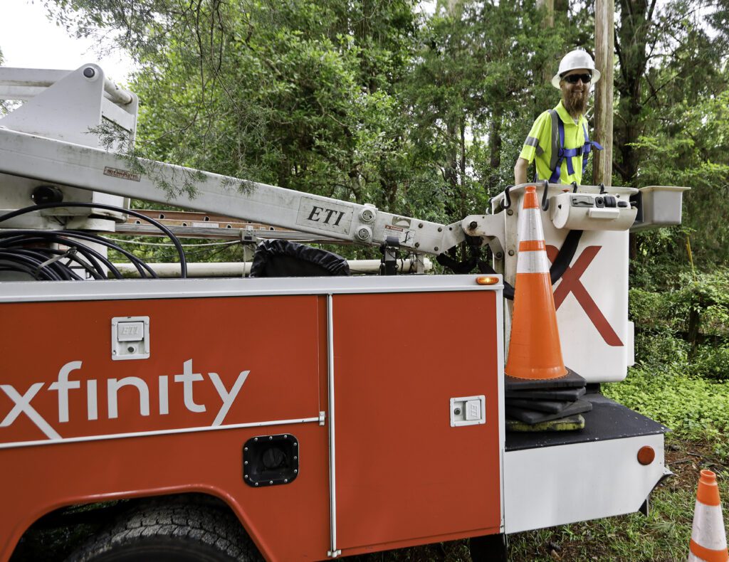 Xfinity employees work to restore internet to thousands of families and businesses in Tallahassee, FL that have lost connection due to the tornados that tore through the region last Friday morning.