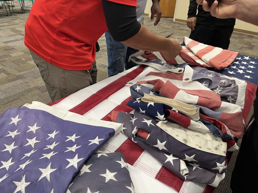 Retired American flags on a table